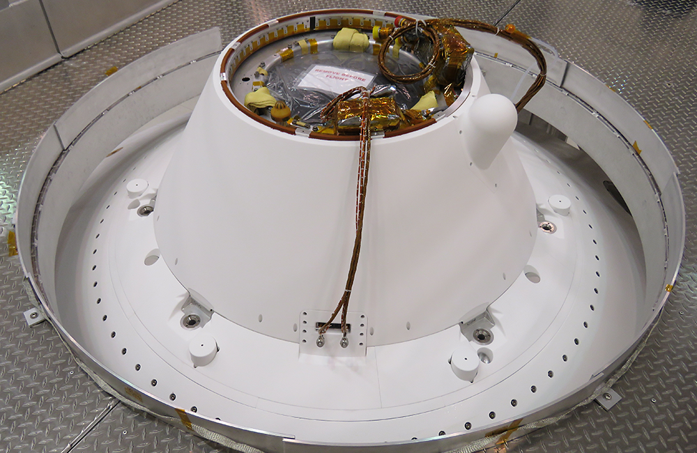 The parachute cone contains antennas and a parachute that is attached to the Perseverance rover to aid in its Mars descent. Courtesy NASA/JPL-Caltech.