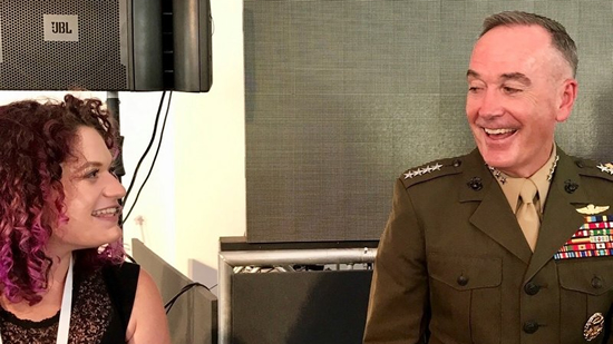 Maggie Feldman-Piltch, left, founder of #NatSecGirlSquad, and Marine Gen. Joseph Dunford, chairman of the Joint Chiefs of Staff